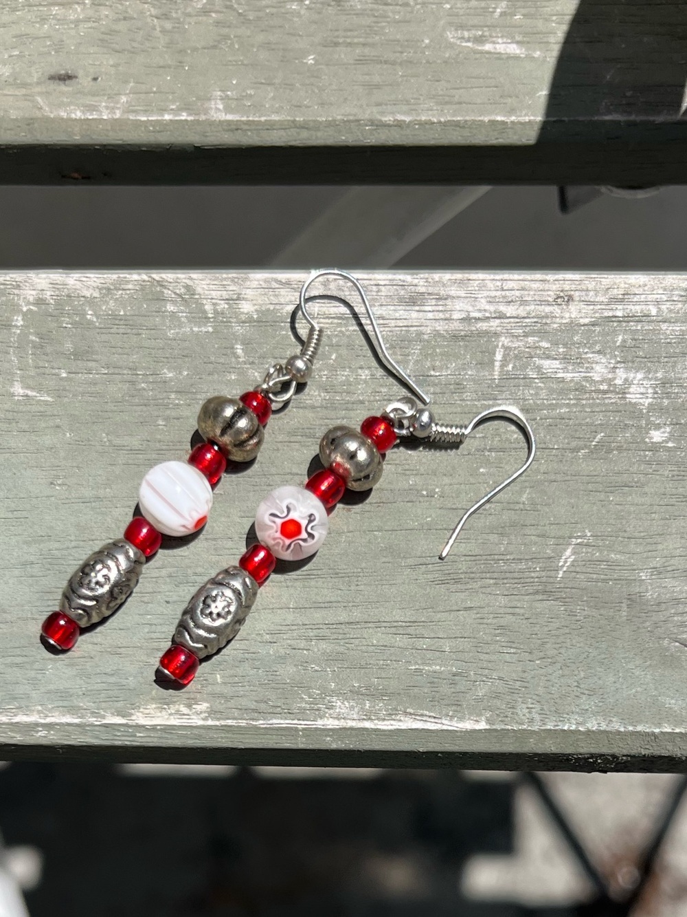 Whimsical Beaded Dangle Earrings - Red and Silver